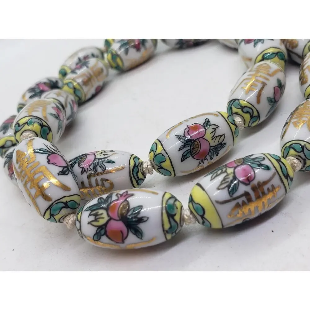 Vintage Chinese Import Porcelain Bead Necklace Hand Painted Gold Clasp Floral